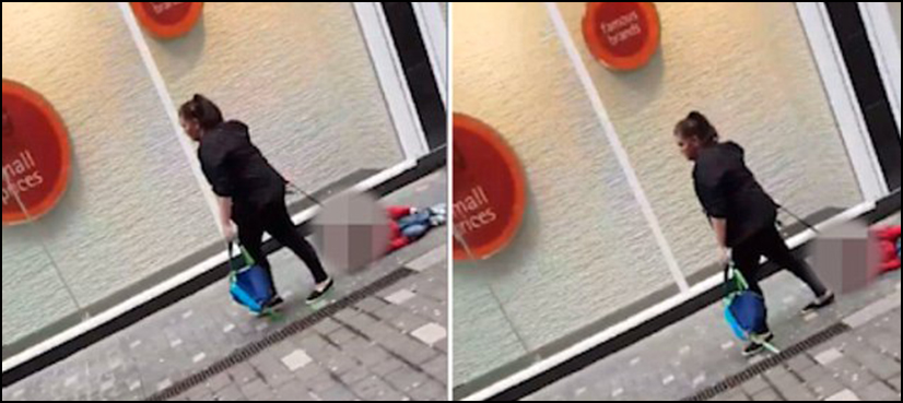 woman drags child