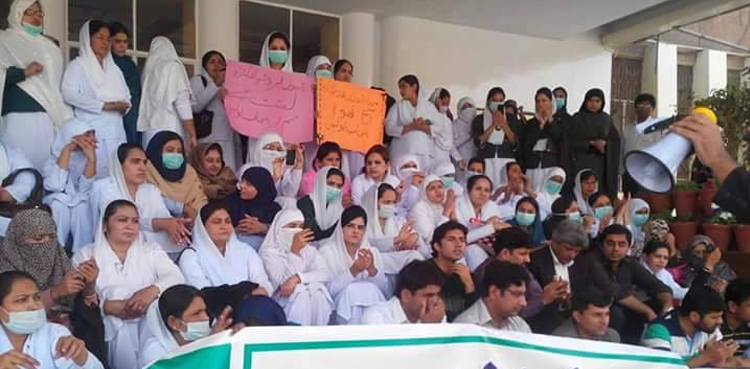 Young nurses, sit-in protest, Karachi