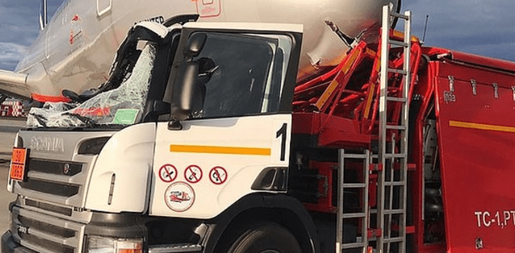 Fuel truck plane collides