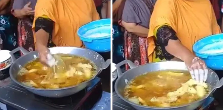 woman frying food tong hot oil bare hands viral cooking video