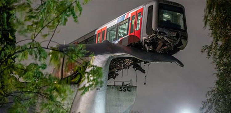 whale sculpture, train, crash