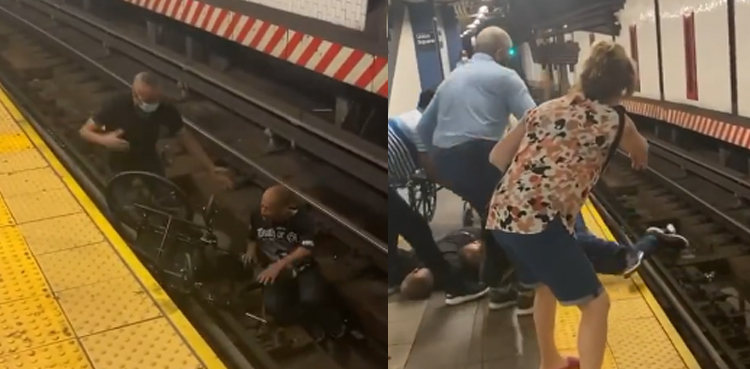 viral video train tracks save life man in wheelchair union square