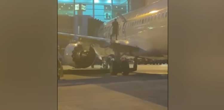 man walks aircraft wing, airlines,