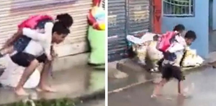 viral video, brother, sister, waterlogged road,