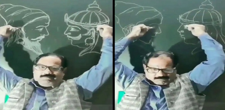 viral video, offbeat, man draws with both hands without looking blackboard