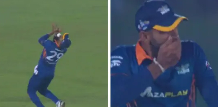 chamika karunaratne, catch, teeth, cricket, viral, video, viral video,