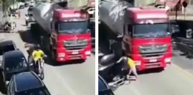 Motorcyclist, truck, car, viral, Twitter, viral video