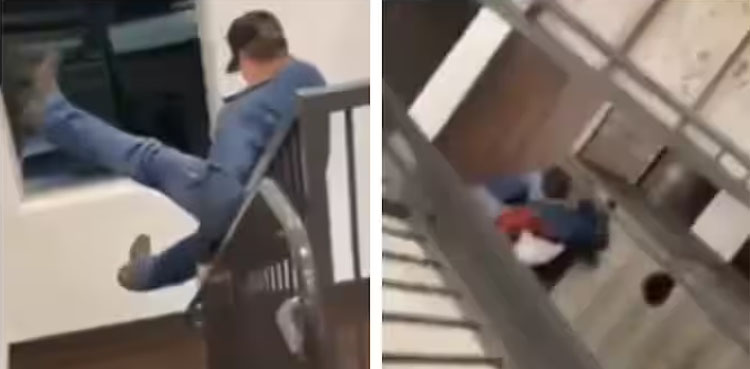slide down railing, stunt goes wrong