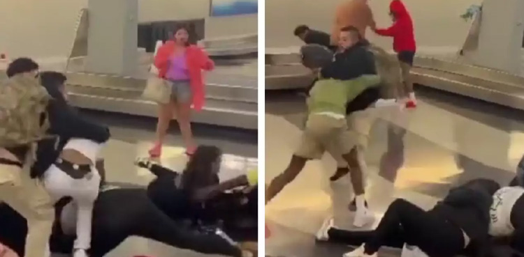 brawl erupts, airport, baggage claim area