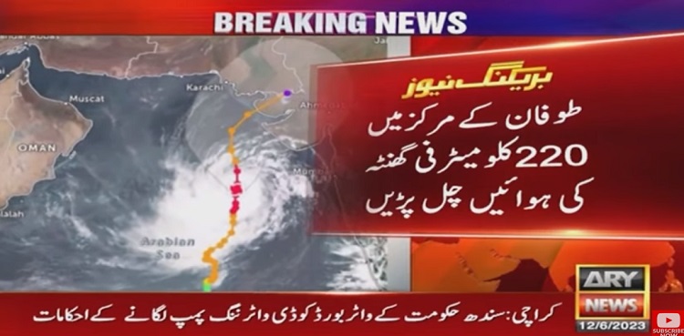 Cyclone Biparjoy, 600km south Karachi, southeast Sindh
