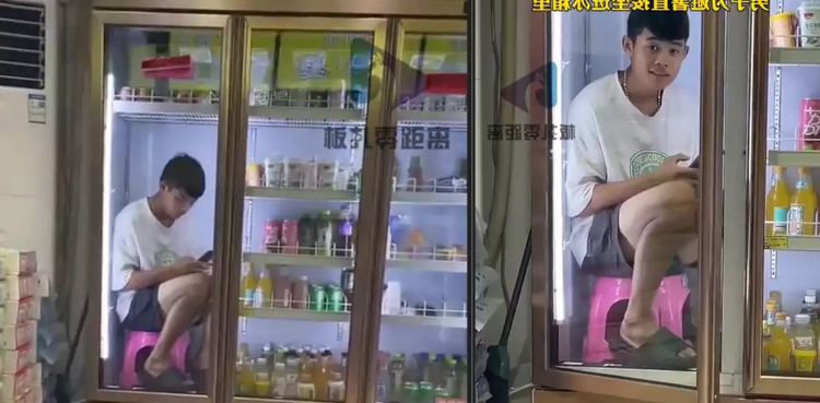 Man sitting in fridge, heatwave, viral video