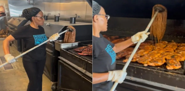 woman using mop BBQ , Video of woman, using mop, BBQ goes viral