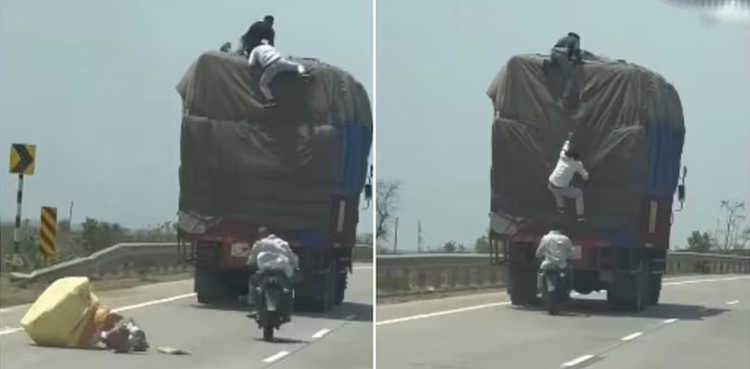 VIRAL video, Film-like robbery, men on bike steal from moving truck