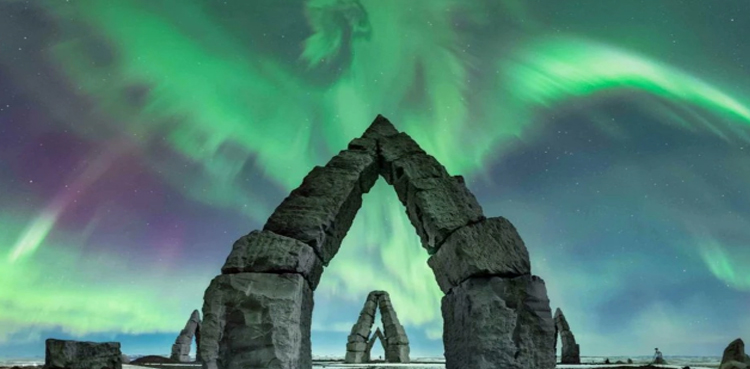 Dragon aurora, captured, above, Iceland Arctic Henge