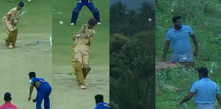 Man runs away with ball after batter hits six out of the ground
