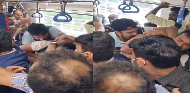 Intense fight between metro train passengers