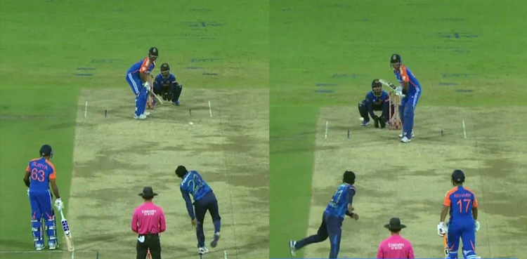 Kamindu Mendis bowls with both hands, India vs Sri Lanka