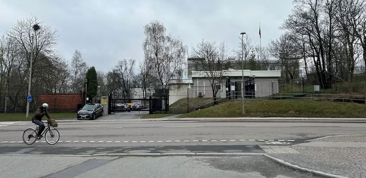 Russian embassy in Sweden sees drone drop paint- VIRAL