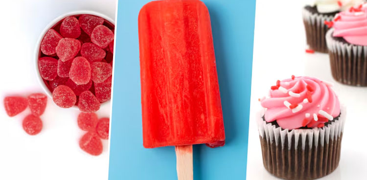 Red No.3 dye, a synthetic food dye that gives some candies, cakes and certain oral medications a cherry-red color