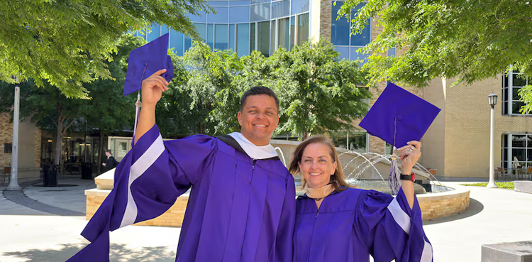 mother and son graduate, Texas Christian University, master's degrees, Mother's Day graduation