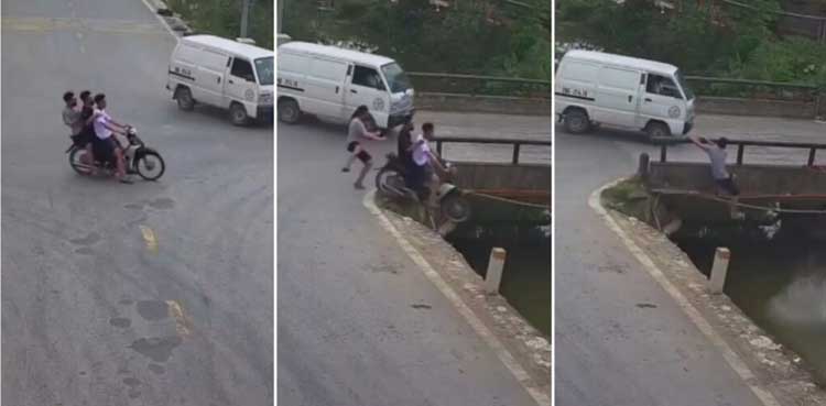 Viral, motorcycle, plunges, bridge, Pillion rider
