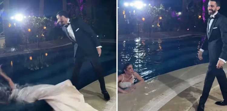 Groom throws bride in pool, VIRAL