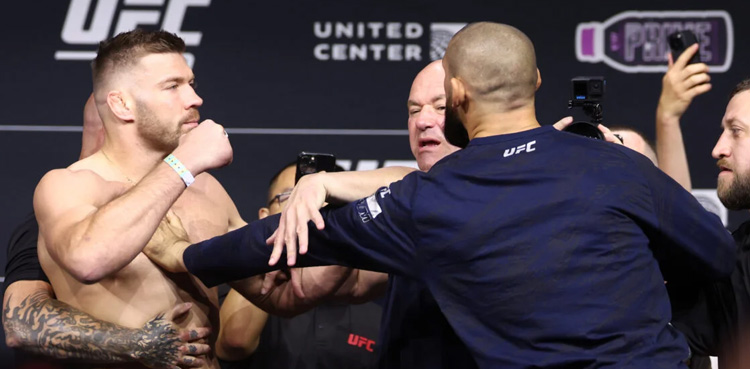 Watch: Khamzat Chimaev gets physical with Dricus du Plessis ahead of UFC 319