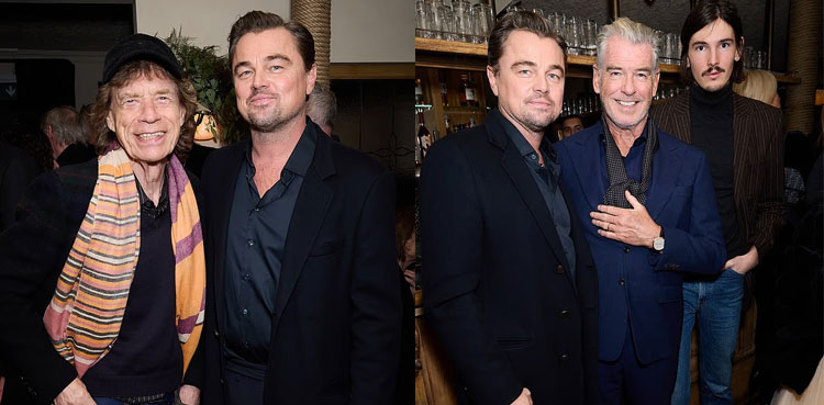 Leonardo DiCaprio poses with Mick Jagger, Pierce Brosnan at ‘One Battle After Another’ bash