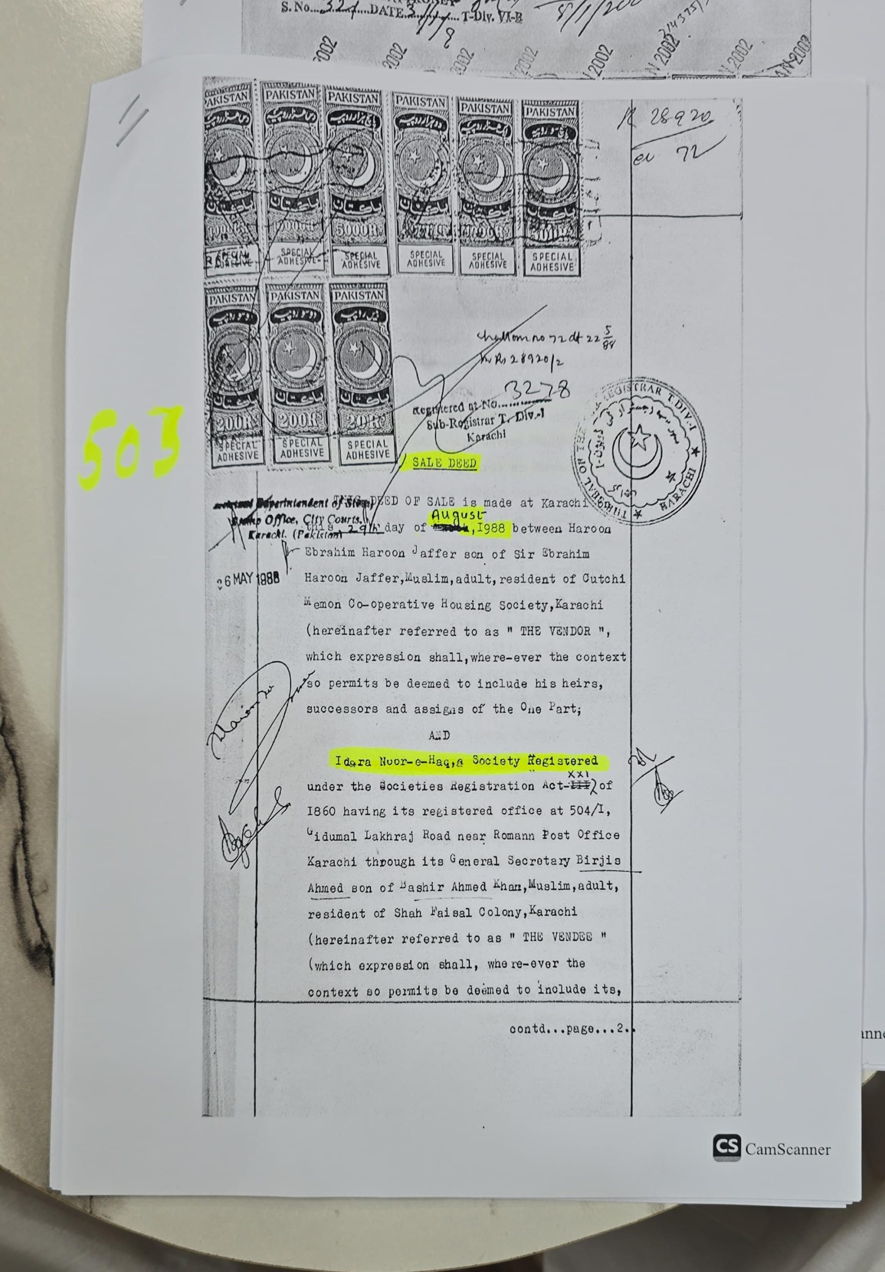 Sale deeds of plots 503, 504 obtained by ARY News 3 Idara Noor-e-Haq Karachi sale deed